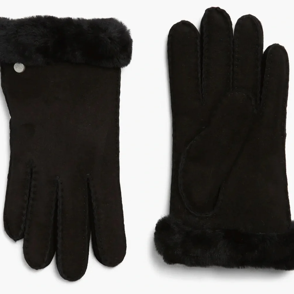 NEW UGG Genuine Dyed Shearling Slim Side Black lined Fur-Trimmed Gloves $140